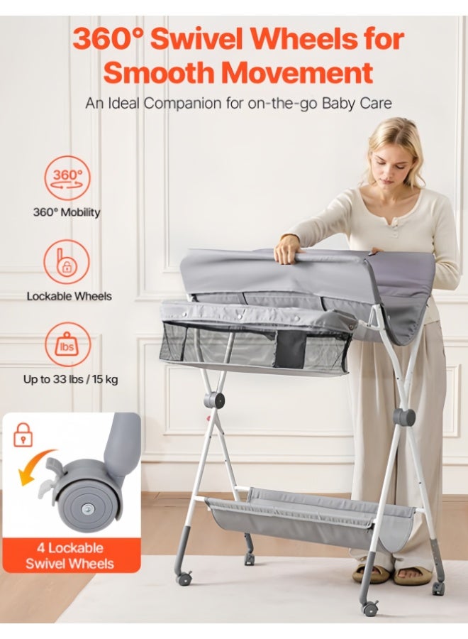 Baby Changing Table, Portable Folding Diaper Changing Station with Wheels, Adjustable Height, Mobile Nursery Organizer with Safety Belt and Large Storage Racks for Newborn Baby and Infant - Image 4